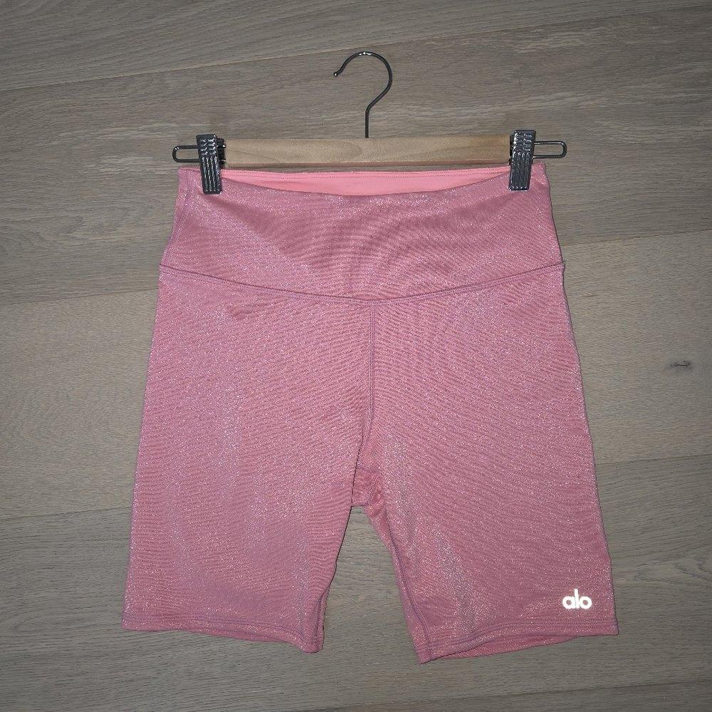 ALO Yoga Shimmer Glitter Pink High-Rise Biker Shorts 7" S - Picture 5 of 10